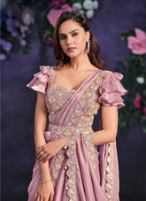 Pink Crape Satin Silk Embroidered Ready to Wear Saree